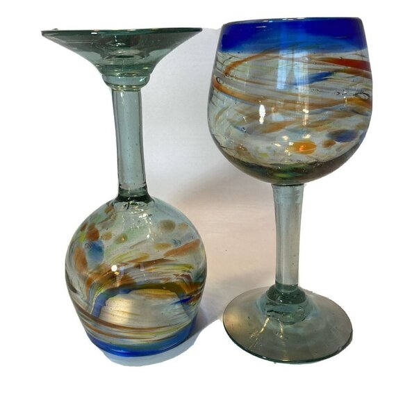 Artisan Hand Blown Recycled Confetti Blue Rim Wine Glasses Set of 2 - Picture 2 of 8